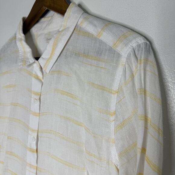 Garnet Hill Shirt Womens Large White Yellow Stripe Linen Button Down Tunic Top - Picture 2 of 7